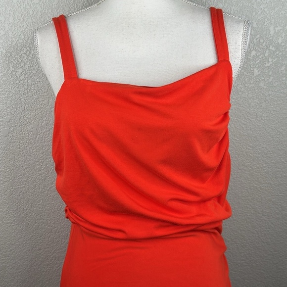 Sofia Vergara Orange Bodycon Ruched Summer Casual Midi Dress Size Large - Picture 2 of 7